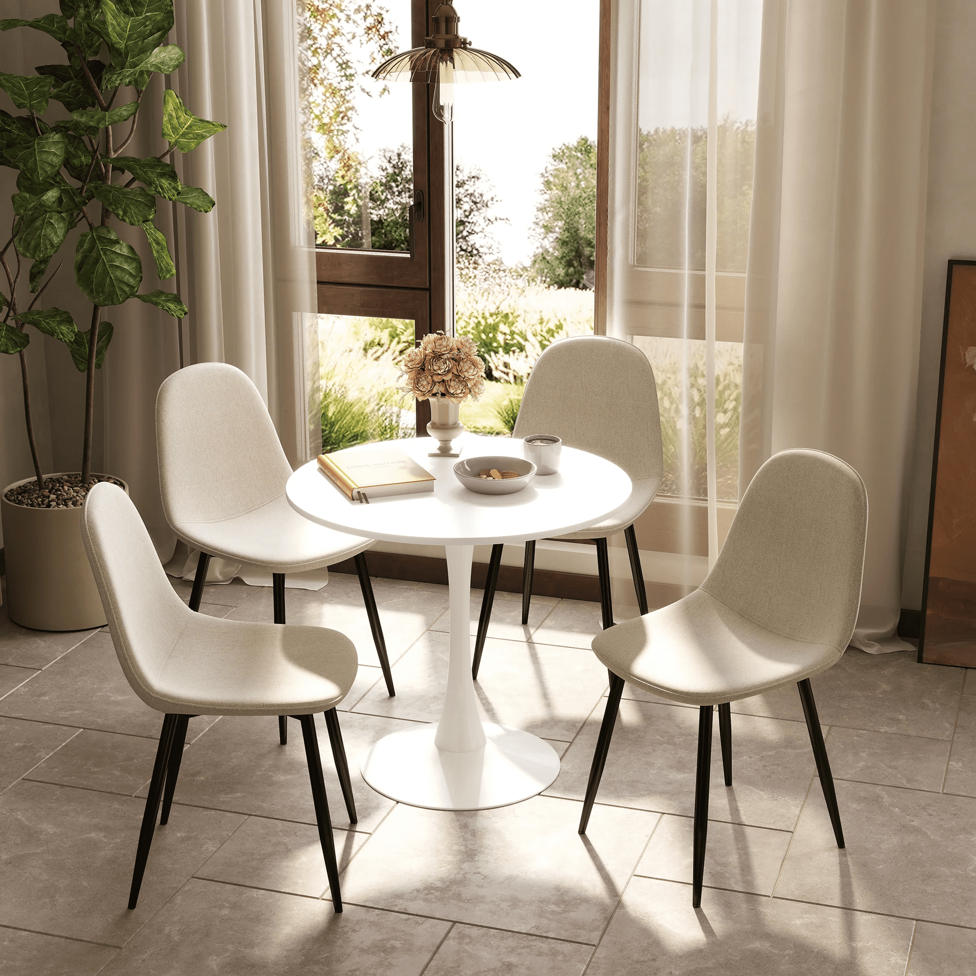 Homy Casa Lot de 4 Chaises de Salle à Manger, Chaises d'Appoint Modernes en Tissu Tweed Beige avec Pieds en Métal Robustes