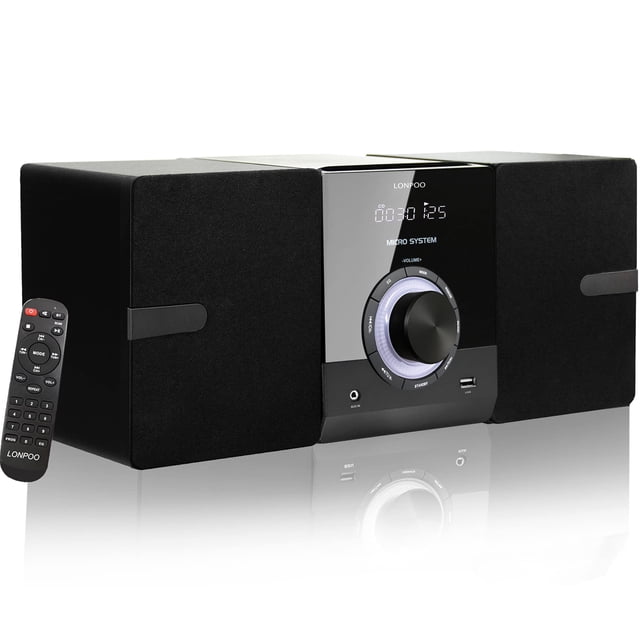 Compact Stereo System Speakers with CD Player, Bluetooth, FM Radio, Aux-in, USB-in, Earphone Jack, DSP-Tech, Remote, 30W Crisp-Sound Shelf Stereo Sys LONPOO 886 black — compact micro hi‑fi shelf stereo with top-loading CD main unit, white backlit LED display and large control knob, two rounded wooden speakers, headphone jack, 150x210x183mm main; suitable as a desk or small-room system.