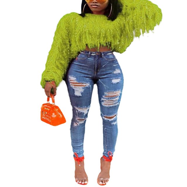 Femmes Recadrée Pull Couleur Unie Manches Longues Pompon Tricot Court Pulls Automne Hiver Nombril Tricoté