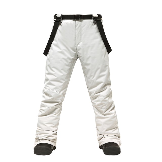 Pantalon à Bretelles de Planche à Neige Imperméable et Isolé pour Hommes, Salopette de Ski de Neige avec Vue Frontale. Ces Pantalons de Neige en polyester Blanc Offrent des Bretelles Noires Ajustables, une Coupe Ajustée et des Coutures Scellées pour la Durabilité et la Rétention de Chaleur. Conçus avec des Fermetures Éclair aux Jambes pour un Retrait Facile des Bottes et une Taille Ajustable pour le Confort. Convenant au Ski, au Planche à Neige et à d'Autres Activités Hivernales.