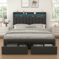 thumbnail image 1 of SIBEDS LED Bed Frame with Drawer Pockets and PU Upholstered Black Wingback Headboard, Full, 1 of 5