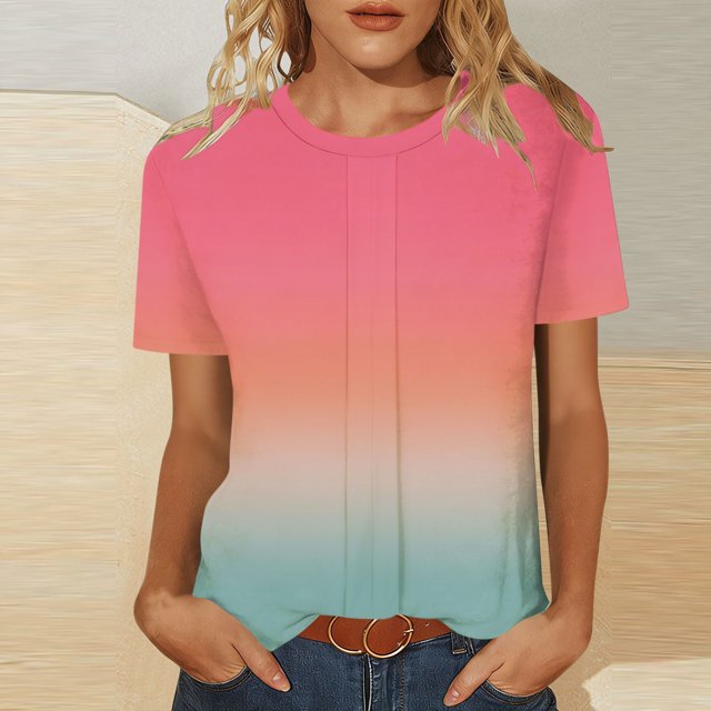 TIMIFIS Trendy Tops for Women Gradient Color Shirts Crew Neck Summer Short Sleeve Pullover Spring Lightweight Comfy Going Out Holiday Vacation Outfit Blouse Tops