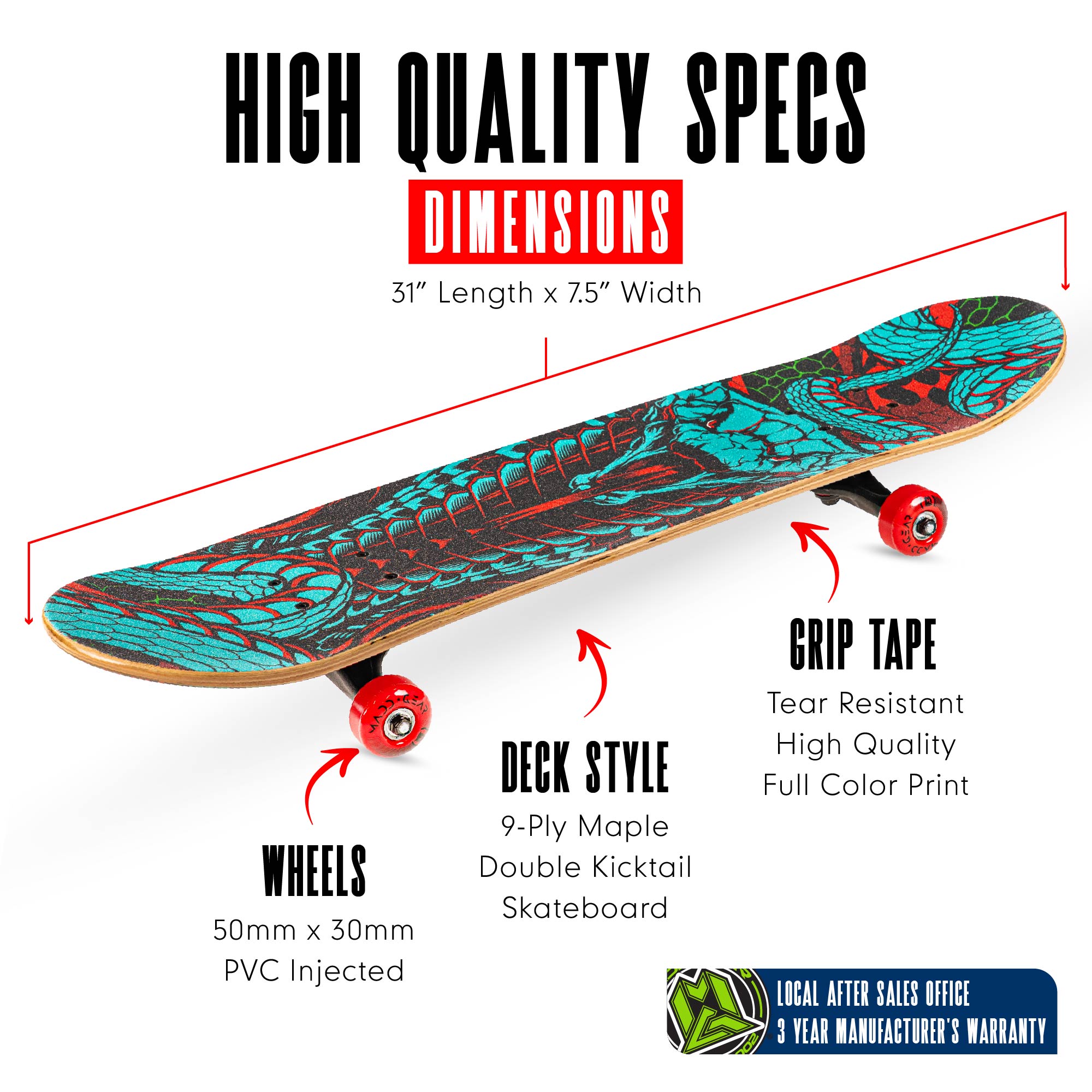 Madd Gear 31" Learn to Skate Complete Skateboard for Kids & Teens
