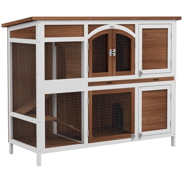 PawHut 49"L Wooden Rabbit Hutch, Two Story Bunny Cage with Ramp