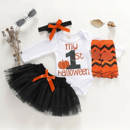 Ensemble de 4 Pcs pour Tout-Petits, Enfants, Bébés Filles, Halloween, Barboteuse, Combinaison, Haut + Jupe Mini de Fête Tuller
