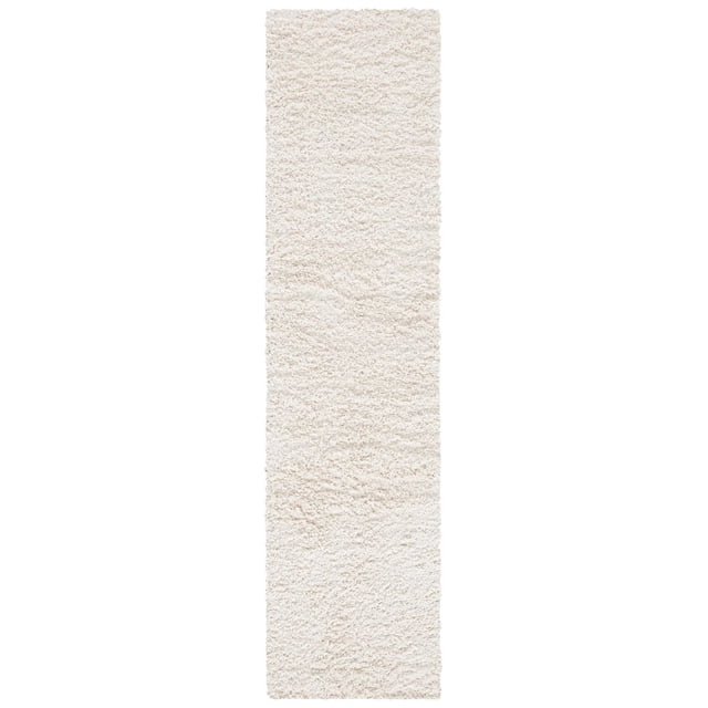 Safavieh Venus Elijah Solid Plush Shag Area Rug in off-white with a dense 1.77-inch medium pile made from durable synthetic yarns, shown from above emphasizing its plush texture and tonal solid color, ideal for adding warmth and style to contemporary or country-chic living spaces and often used as a soft runner in hallways.