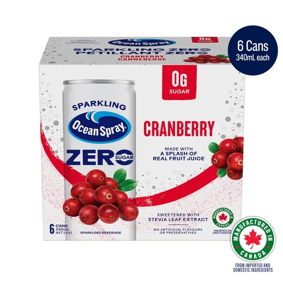 Ocean Spray Pétillant Canneberge Zéro Sucre 6x340ml. Zéro sucre, une explosion de saveurs tropicales, des bulles pétillantes et une touche de vrai jus. Sans allergènes. Fabriqué au Canada