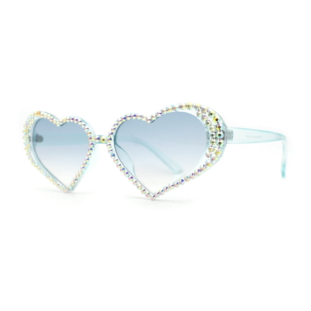 Womens Iridescent Rhinestone Bling Bubbly Heart Shape Sunglasses Blue