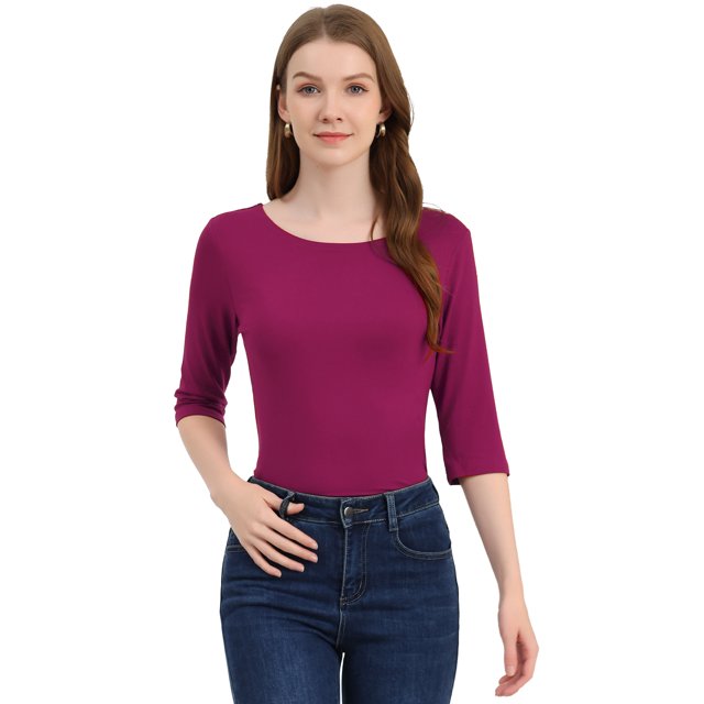 INSPIRE CHIC Hauts pour Femmes Manches au Coude Encolure Bateau Coupe Ajustée T-Shirt Classique Décontracté m Fuchsia