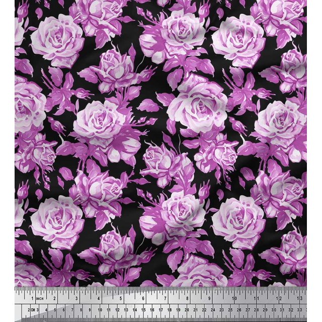 Soimoi Poly Georgette Fabric Leaves & Rose Flower Printed Fabric 1 Yard 52 Inch Wide