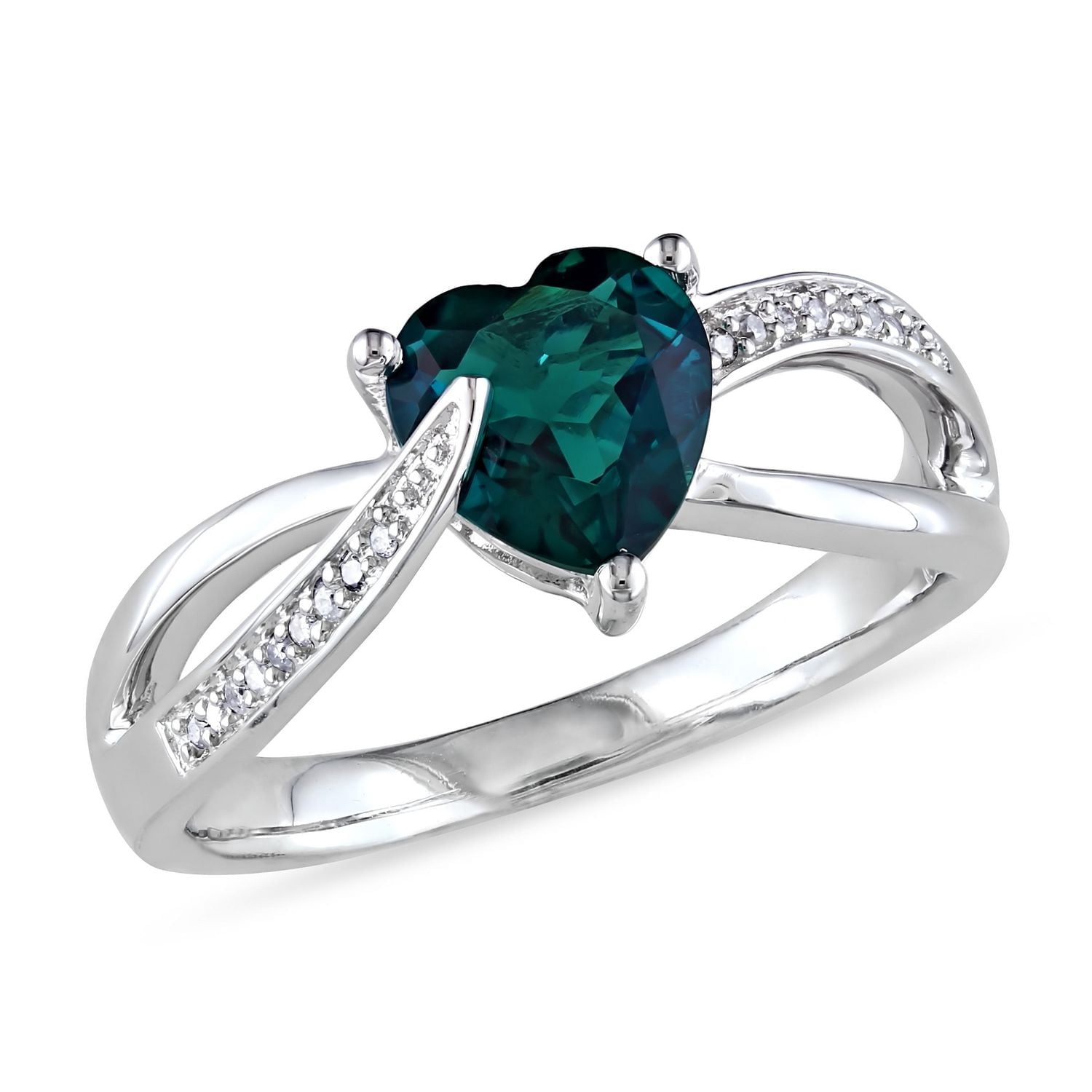 Bague croisée Tangelo avec émeraude synthétique de forme cœur 1 CT PBT et accents de diamants en argent sterling