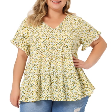 GRACE & GRANDEUR Women's Plus Size Tops for Women Floral Print V Neck Ruffle Sleeve Tiered Babydoll Blouses 4X Beige