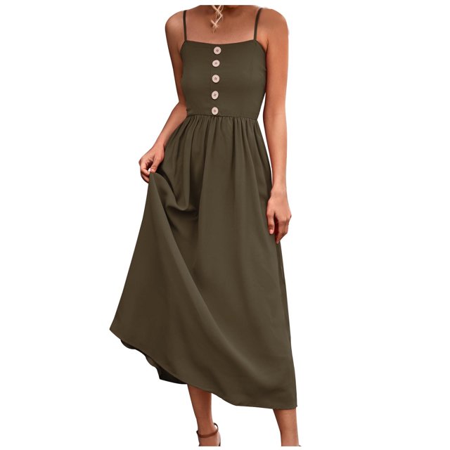 Robe Longue d'Été pour Femmes Robe à Bretelles Bouton Solide Décontractée Longue Robe d'Été Décontractée pour Femmes