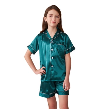 PMVFHDE Pantalons de Survêtement pour Adolescents Petites Filles Garçons Ensemble de Pyjamas en Satin Soie Manches Courtes Vêtements de Nuit 2 Pcs Boutonnés Classiques Shorts Vert Foncé, 11-12 Ans