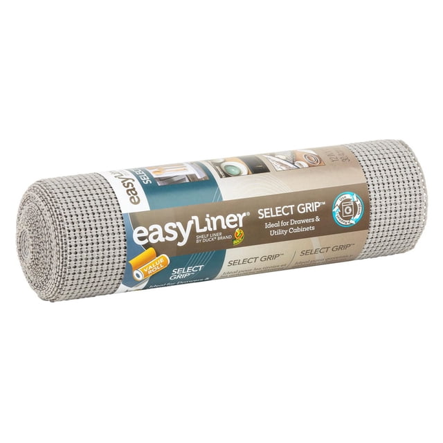 Select Grip EasyLiner Brand Shelf Liner in light gray, a 12 in. x 15 ft. roll with a textured non-adhesive grip top and bottom to protect drawers and utility cabinets while keeping items secure, also suitable for lining shelves or toolboxes.