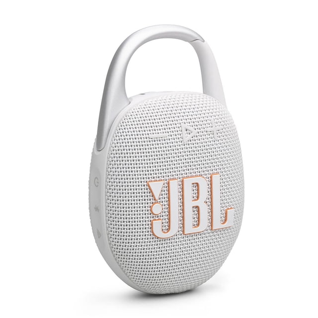 JBL CLIP 5 ultra-portable Bluetooth speaker in white with textured fabric grille and orange-outlined JBL logo, featuring a silver integrated carabiner, side control buttons, and compact design suitable for outdoor use.