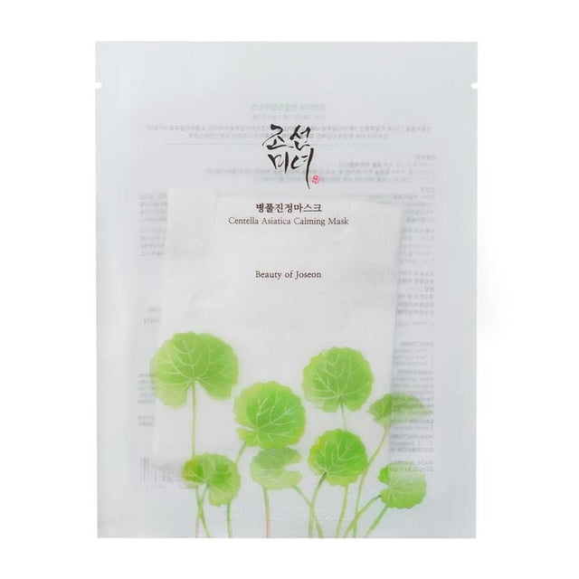 Beauty of Joseon Centella Asiatica Calming Mask 25ml - 1 PC, a white sheet mask packet with green centella asiatica leaf illustrations, designed to hydrate and soothe dry, sensitive skin using traditional Korean herbal ingredients and modern skincare technology.