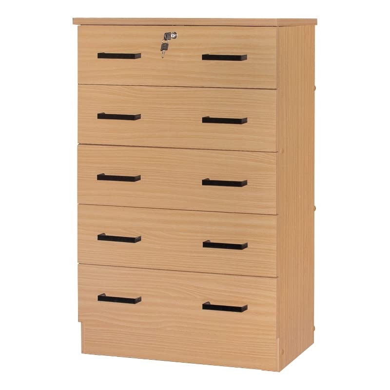 Better Home Products Cindy 5 Drawer Chest Wooden Dresser with Lock Beech (Maple)
