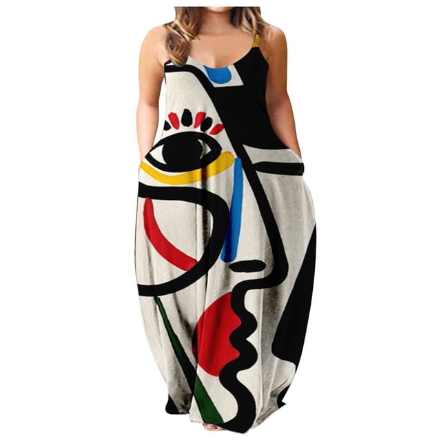 Robe Longue d'Été pour Femme à Col Rond, Imprimée, Sans Manches, Grande Taille, à Enfiler, à Bretelles Spaghetti, Longue Robe Maxi avec Poches