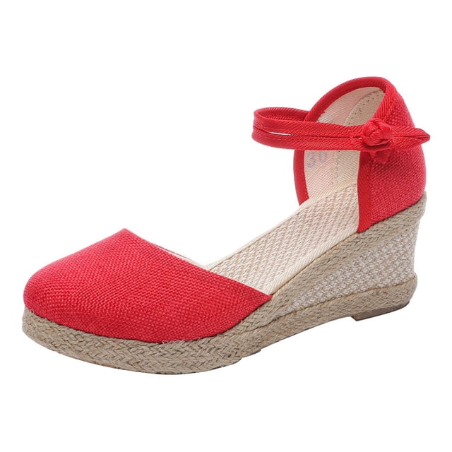 yulier Sandales Compensées Espadrilles à Bout Fermé pour Femmes en Rouge avec Tige en Toile Respirante et Bride de Cheville Ajustable avec Boucle. Doté d'Un Talon Compensé de 6 cm (2,36 Po) avec Semelle Antidérapante en Caoutchouc Naturel et design d'Espadrille Classique. Convient aux occasions Décontractées et Formelles comme les Mariages, le Magasinage Ou le Port Quotidien.