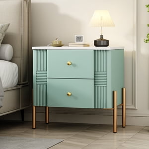 Cobear Modern Nightstand with 2 Storage Drawer Fluted Bedside Table Golden Metal Handles and Legs End Table for Living Room Bedroom Easy Assembly Green