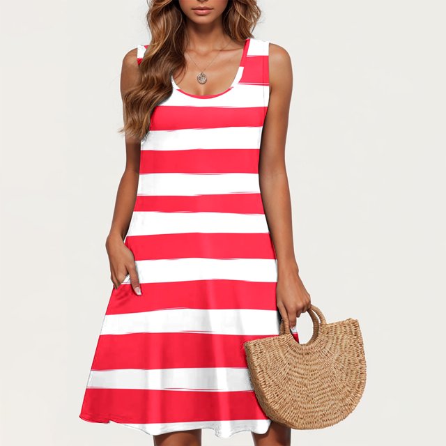 Ovzne Robes pour Femmes Robe d'Été Robe Décontractée pour Femmes Grande Taille Sans Manches à Col Rond Robe Courte à Rayures Robe de Vacances Liquidation