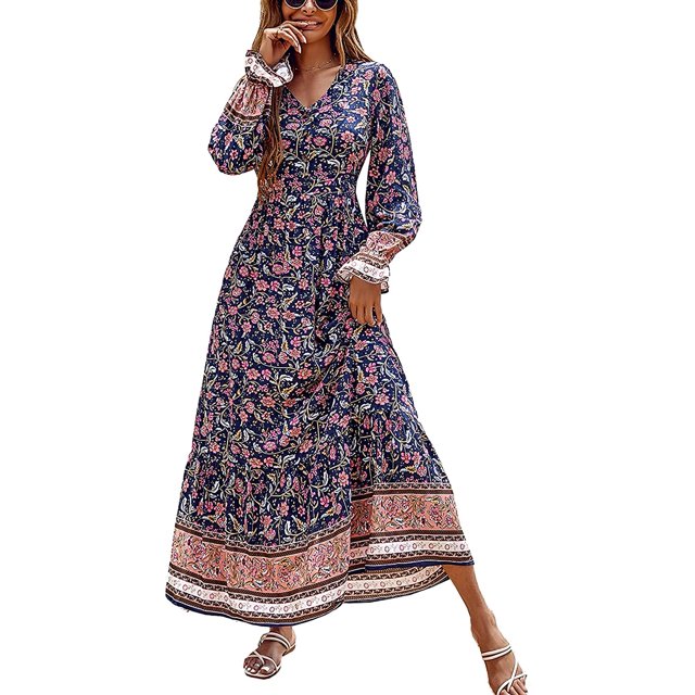 Robe Maxi à Manches Longues pour Femmes - Col en V, Décontractée, Boutonnée, Bohème, à Imprimé Floral, Automne, Longues Robes