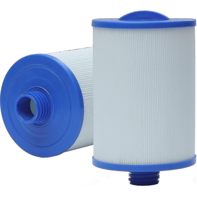 2024 2 Pack Spa Filter compatible with Unicel 6CH-940, PWW50P3, Waterway Front Access Skimmer, and Filbur FC-0359. The filters are made of high-quality polyester with strong filtration capacity and are easy to install. The image shows two cylindrical filters with white pleated surfaces and blue end caps, one standing upright and the other lying horizontally to display the threaded connection. Suitable for maintaining clean spa water.
