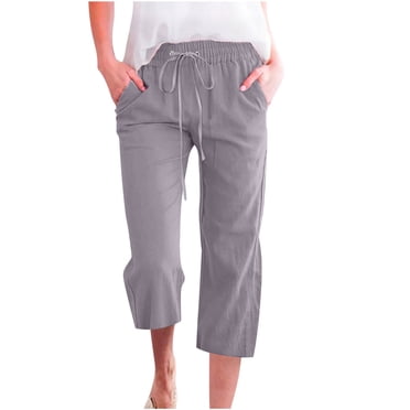 lcziwo Women Capri Pants for Summer Linen Capris for Women 2024 Lightweight High Waisted Cropped Pants Casual Loose Wide Leg Trousers with Pockets Gray,XL