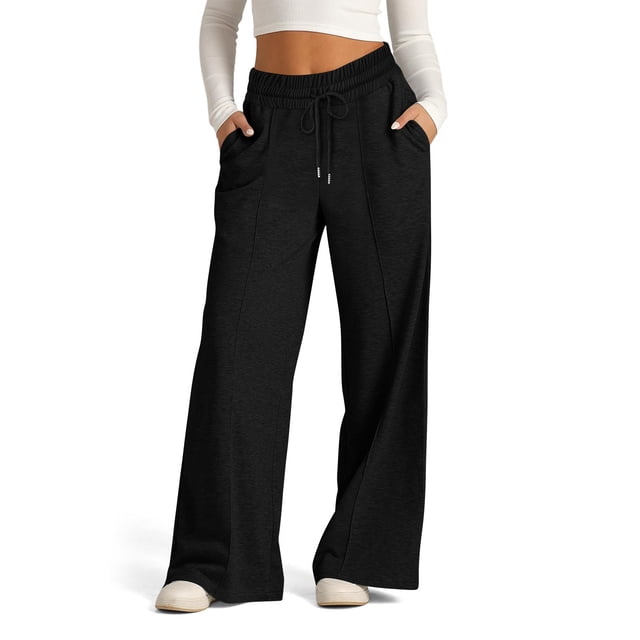 Pisexur Womens Sweatpants 2024 Ribbed Workout Jogging Pants Casual Baggy Elastic Waist Sweatpants Casual Baggy Drawstring Wide Leg Pants Solid Color Straight Leg Sweatpants with Pockets