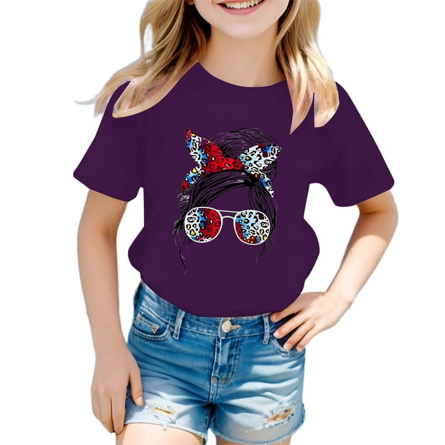 LUOGENLI T-Shirt pour Filles Enfant Filles Mignon Imprimé Graphique Col Rond Manche Courte Tee Été Décontracté T-Shirt Longues Chemises pour Filles avec Fente Violet 11-12 Ans