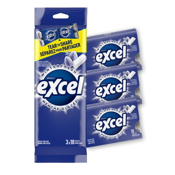 EXCEL, Menthe glacée, gomme à mâcher sans sucre, 18 morceaux, 3 emb .