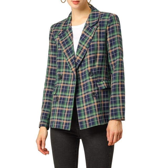 INSPIRE CHIC Women's Vintage Plaid Blazer Double Breasted Notched Lapel Jacket with Padded Shoulders S Blue Green