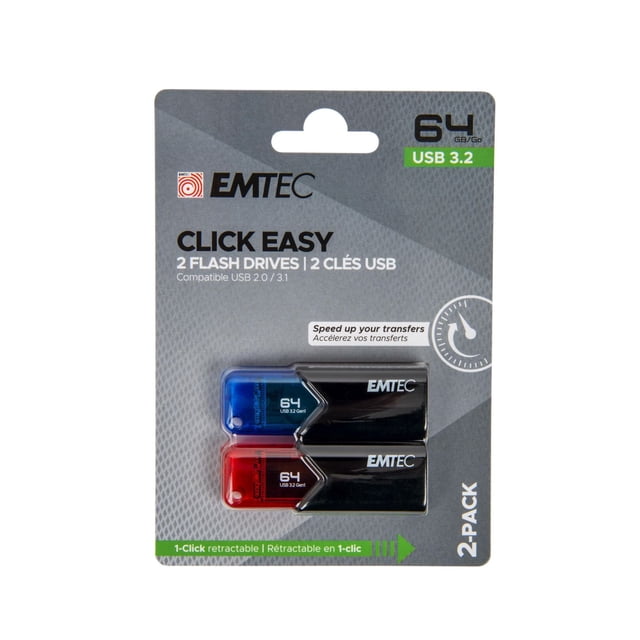 EMTEC USB3.2 B113 Click 64GB 2PK with two retractable USB flash drives in blue and red translucent plastic and black sliding covers, each labeled 64GB USB 3.2 Gen1, on gray retail packaging highlighting fast transfer speeds and 1-click retractable design, suitable for portable data storage and compatible with USB 2.0, 3.0, and 3.1 devices.