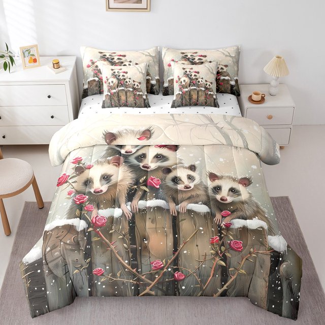 YST Raccoon Ensembles de Douillette pour Enfants 7 Pcs Rose Floral Animal 3D Lit en Sac, Format Double