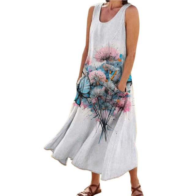 TJAZFJPA Robe Florale Mode Femme Col Rond Décontractée Imprimé Pissenlit 3D Sans Poignets Poche Longue Robe Débardeur Robe Décontractée Maxi Robes d'Été pour Femmes Robes de Maternité Blanches Séance Photo