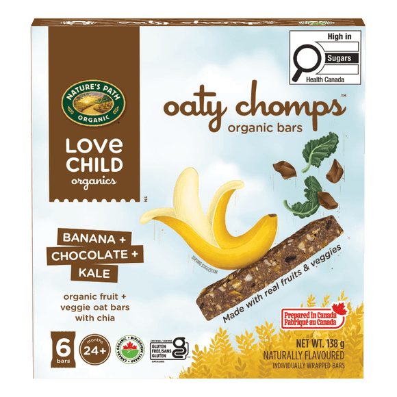 Barres collation banane + chou frisé au chocolat Oaty Chomps Love Child Organics, boîte de 138 g