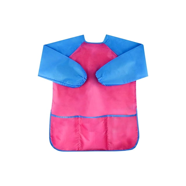 PVCS Children Waterproof Artist Painting Aprons Long Sleeve with 3 Pockets for Age 2-6. The apron features a vibrant pink body with blue long sleeves and trim, designed for full coverage and protection during arts and crafts. Made from smooth, waterproof polyester material, it is BPA-free, reusable, and easy to clean. The apron includes three front pockets for holding art supplies like brushes, paints, or snacks. Suitable for children aged 2 to 6, it measures 22 x 17.5 inches and is ideal for painting, cooking, and other creative activities.