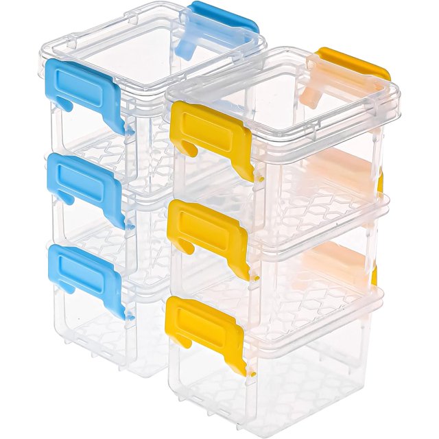 HAHDAXIA 6 Packs Small Storage Bins with Lids, mini stackable plastic containers with colorful latch lids in blue and yellow. Each bin has a clear body for easy visibility and measures 13.5 x 8.5 x 5.5cm externally. Designed with a stackable feature, ideal for organizing craft supplies, beads, jewelry, and other small items.