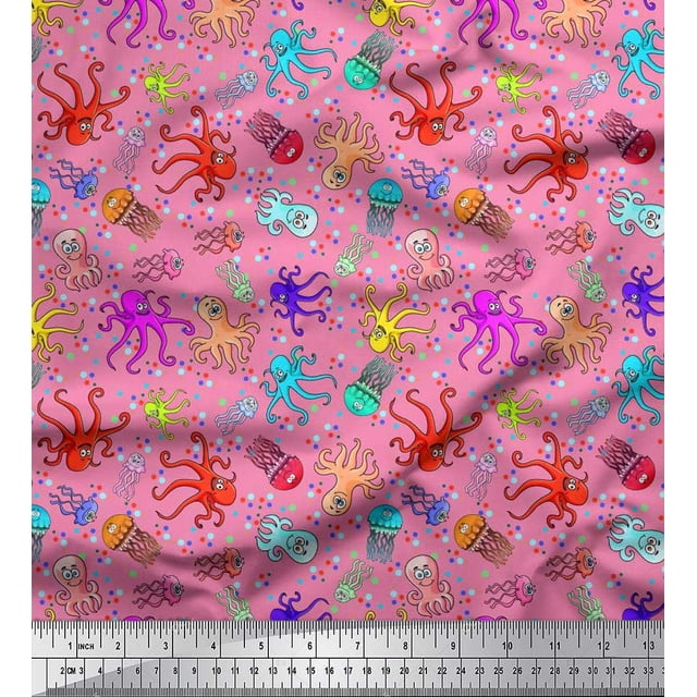 Soimoi Poly Georgette Fabric Dot,Octopus & Jellyfish Ocean Print Fabric by The Yard 42 Inch Wide