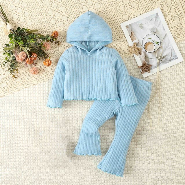 JMYHOAM 1-4 Years Kids Girls Casual Spring Fall Outfit Clothes Solid Color Hoodie Flared Pants Two-piece Set Long Sleeved Hooded Set