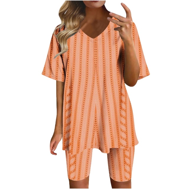 Blouses pour Femmes, Blouse à Col en V Imprimée pour Femmes, Hauts à Manches Courtes, Shorts, Ensembles de Tenue Décontractée