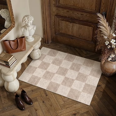 BERTHMEER 2'x3' Small Area Rugs for Doorway Laundry Entryway Kitchen Bedroom Entrance Geometric Contemporary Checkered Non Slip Washable Rugs Doormats, Brown