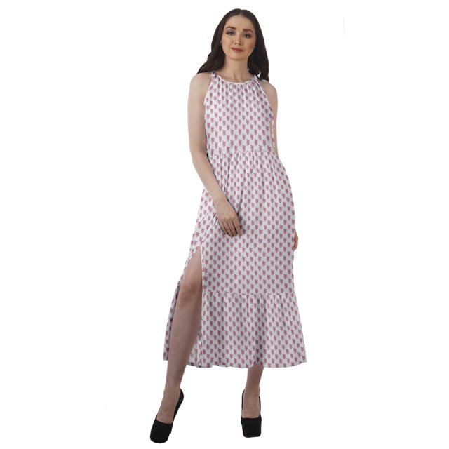 Moomaya Robe Imprimée Femme Fête Mariage Tenue de Fête Col Licou Robe Maxi en Rayonne