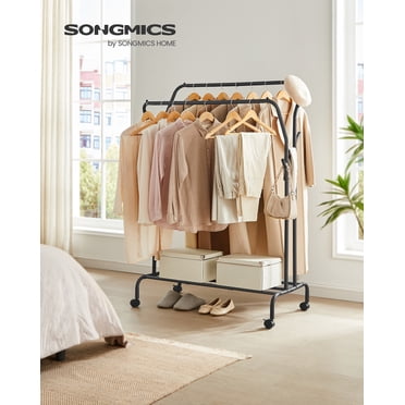 SONGMICS Portant à Vêtements, Tringle à Roulettes Double, Structure Métallique Robuste, Charge Maximale de 100 kg, Largeur de 103,5 cm, Rangement et Présentation de Vêtements, Noir UHSR107B01