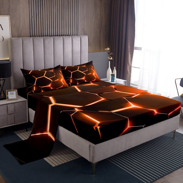 Erosebridal Neon Honeycomb Full Sheet Sets, Gradient Geometric Bedding Full Size, Modern Theme Decor,