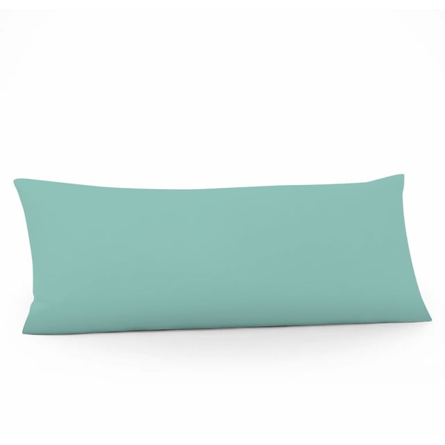 Mainstays Solid Body Pillow Case in solid light teal microfiber fabric, measuring 20 by 50 inches, displayed front-facing on a white background, machine washable and suitable for use with body pillows or as a decorative bedding accessory.