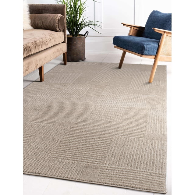 LaDole Rugs 3x10 ft Modern Premium Area Runner Rug in beige cream, featuring a textured geometric pattern. This long carpet is designed for hallways, kitchens, and entryways, offering a soft and durable surface with anti-slip jute backing. The rug is machine washable, foldable for easy storage, and complements various indoor décors. Shown in a modern living space with a beige sofa, blue armchair, and potted plant.