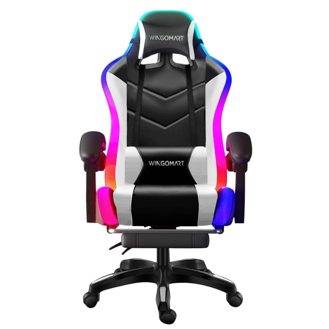 Wingomart Ergonomic Gaming Chair with Footrest, high back faux leather gaming chair in black and white with RGB LED lights along the edges. Features include adjustable armrests, a retractable footrest, adjustable backrest, and swivel base. Designed for gaming and office use with a padded seat, detachable headrest, and USB electric massage lumbar pillow for added comfort. Ideal for gaming furniture setups.