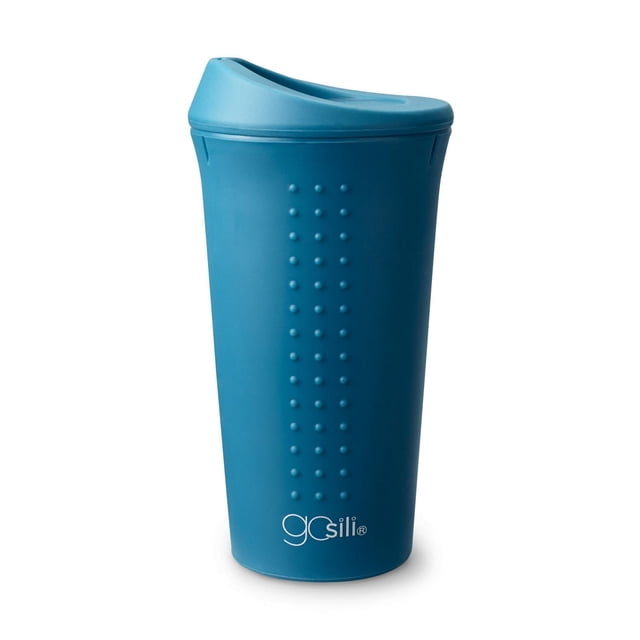 GoSili To-Go Cup, 16oz. teal reusable silicone travel mug with raised dot grip texture and spill-resistant lid, made from 100% European-grade platinum silicone with embedded stainless-steel ring for durability, microwave and dishwasher safe, ideal for sustainable on-the-go beverage use.